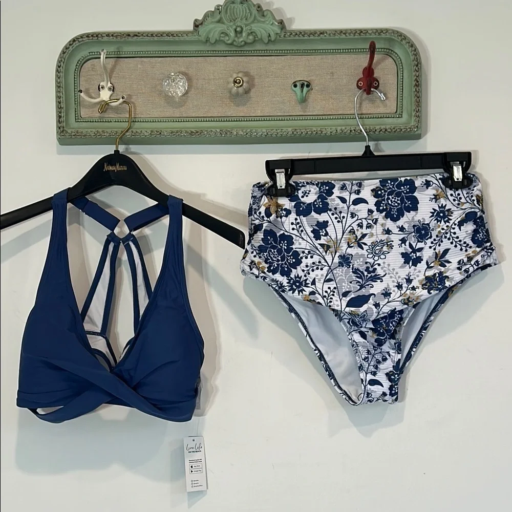 botanical anthro Blue White Floral spring high waisted Bikini large new women’s
